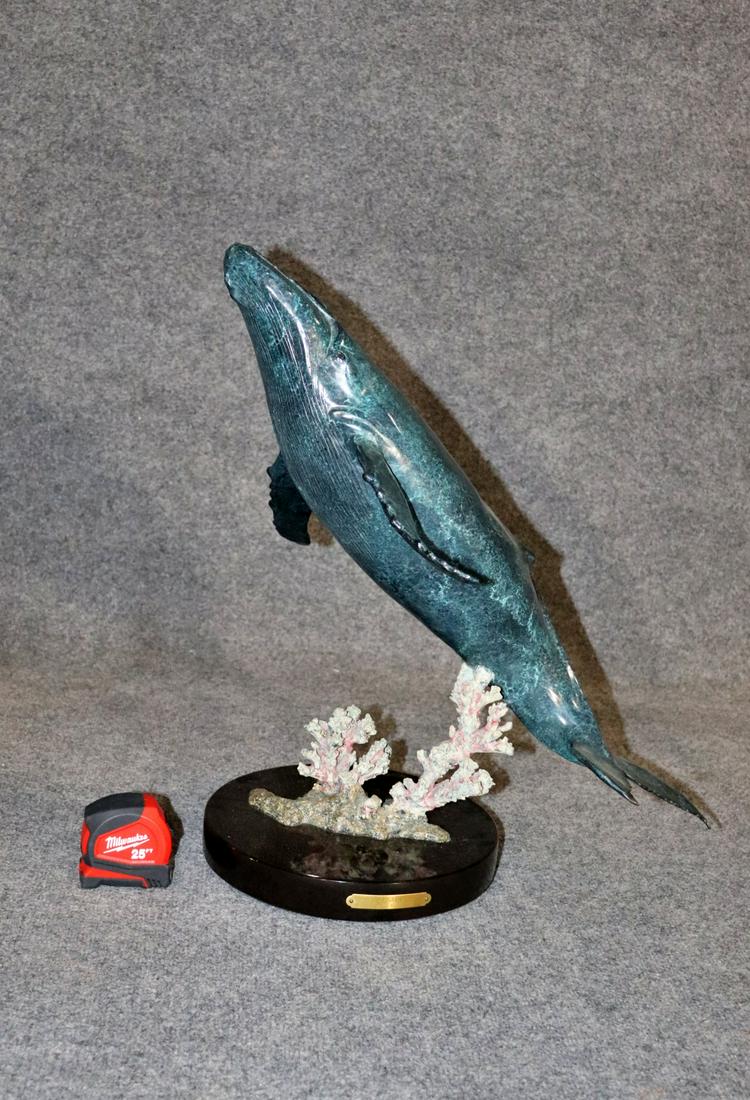 LEE CLARK SUNRISE BRONZE SCULPTURE WHALE: Name plate on bottom. Swivel base. Bronze. Painted. 22" h x 16" w x 18 1/2" d.