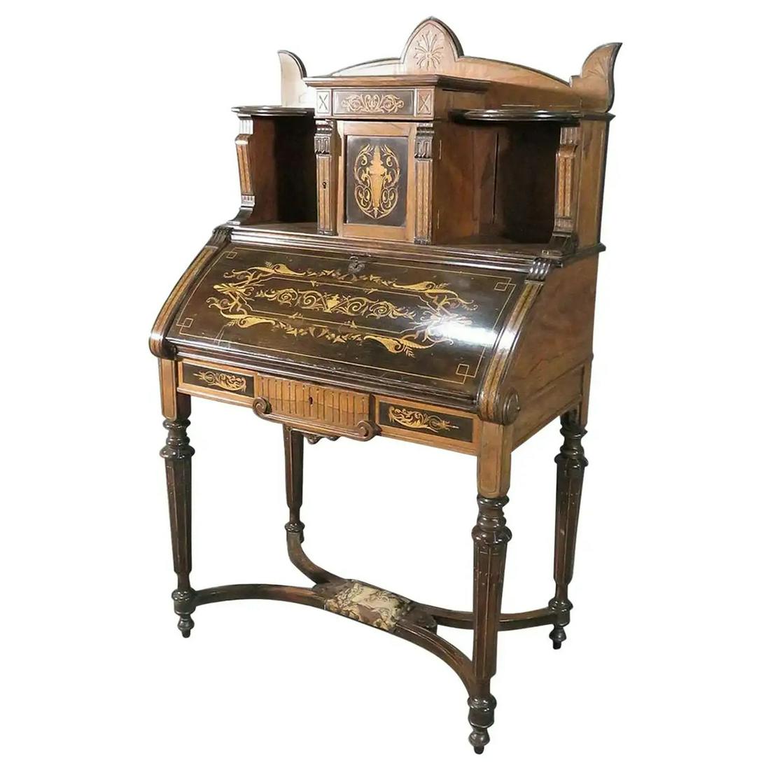 HERTER BROTHERS ATTRIBUTED SECRETARY DESK: Circa 1870's. Inlaid. Walnut. 56 3/4" h x 36 1/2" w x 20 1/4" d.