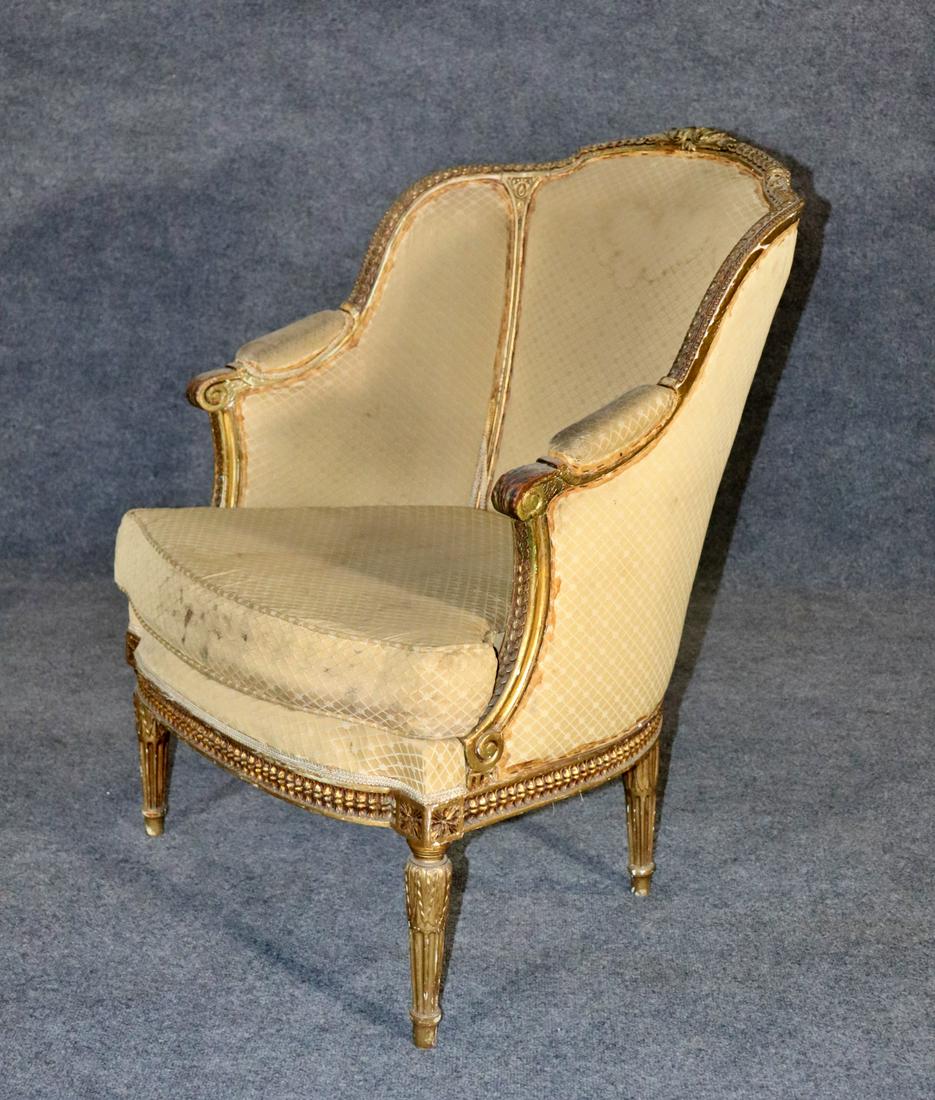 LOUIS XVI STYLE BERGERE: Carved wood frame. Upholstered. 37 7/8" h x 26 5/8" w x 27 1/2" d. Seat height 18".