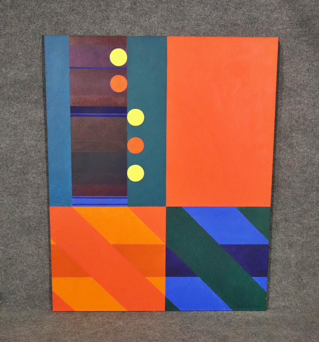SIGNED SCHULTZ ABSTRACT "DRUM": Signed lower right. On canvas. 10/23/67 Ray Schultz on verso. 50 1/4" h x 40 1/4" w x 1" d.