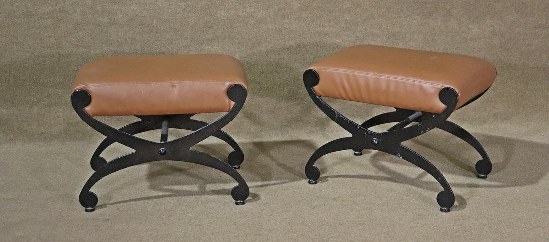 PAIR METAL & LEATHER X BENCHES (1 of 7)