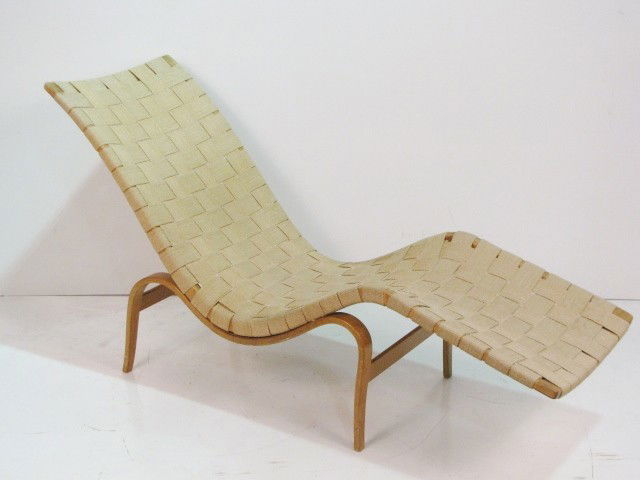 BRUNO MATHSSON CHAISE LOUNGE: Laminated frame with straps. Very good condition. 32 1/4"h. x 20"w. x 61 1/2"d.