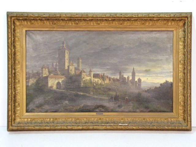 OTTO VON RUPPERT (GERMAN) LANDSCAPE PAINTING: Oil on canvas. Signed O.v. Ruppert 1885. No restorations. Three small damages. 31 1/4" x 55 3/4" in a 44 1/2" x 69" frame.