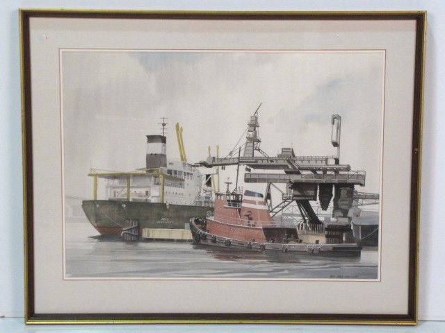 JAMES DRAKE IAMS WATERCOLOR HARBOR SCENE: Signed James Drake Iams AWS. Excellent condition. 21" x 29" in a 29" x 36" frame.