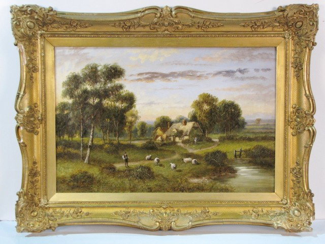 J.M. GOODMAN LANDSCAPE PAINTING w/ SHEEP: Restorations and relining. J.M. Goodman 1912. Good condition. 20"h. x 30"w.