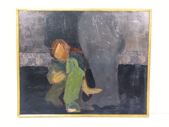 JOSE LUIS ALEXANCO LATIN AMERICAN ABSTRACT PAINTING: Oil on canvas with applied fabric. Signed on reverse Octubre 1965 "Hombre y Senor" Alexanco. Very good condition. 32"x 39 1/2" in a 33" x 40 1/2" frame.