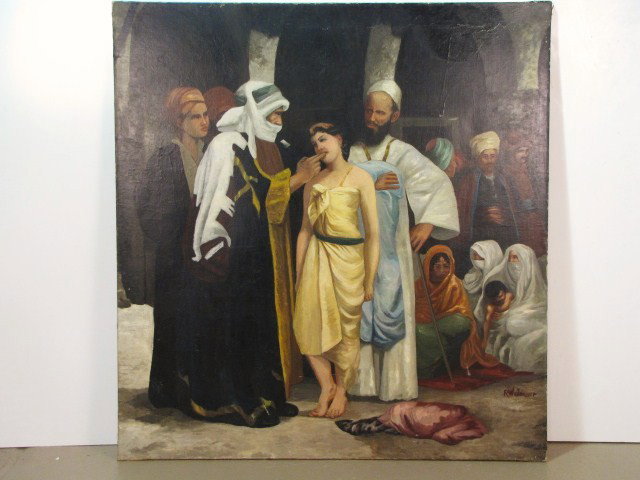 R.W. YEAGER 71"x 67" PAINTING of a SLAVE MERCHANT: Oil on canvas. Good condition. Paint flaking and losses. 70 3/4" x 66 3/4".