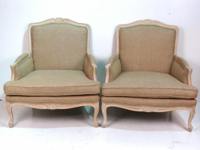 Pr. FRENCH STYLE DISTRESSED FINISH BURLAP BERGERES: Distressed whitewashed frames. Very good condition. 38 1/2"h. x 36"w. x 34"d.