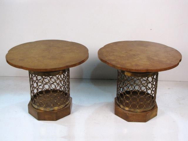Pr. MODERN BRASS & BURL WOOD TABLES: Small blemishes on top. Attributed to Mastercraft. Very good condition. 21"h. x 26"diam.