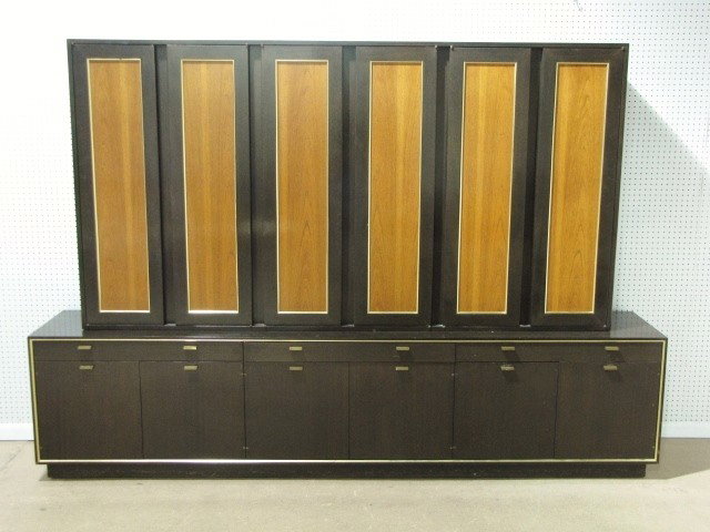 HARVEY PROBBER 2pc. CHINA CABINET: Mahogany with walnut doors. Very good condition. Base measures 25 1/2"h. x 106 1/2"w. x 18"d. Top measures 48"h. x 90 1/2"w. x 14"d.