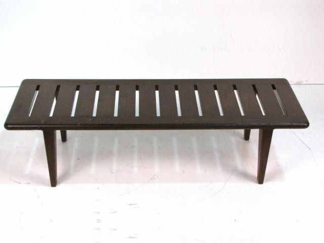JOHANNES HANSEN - HANS WEGNER TEAK BENCH: Stamped Johannes Hansen Copenhagen Denmark. Lacquered over finish. Good condition. 12"h. x 17"w. x 47"d.