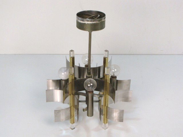 GAETANO SCIOLARI METAL & LUCITE CHANDELIER: Very good condition. Sciolari label ceiling canopy. 19 1/2" x 14" diameter.