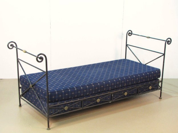 DIRECTOIRE STYLE IRON DAY BED att. JANSEN: Black painted iron with brass mounts. Very good condition. 36"h. x 83"w. x 32 1/2"d.