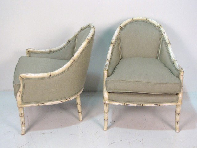 Pair DISTRESS PAINTED BAMBOO FORM CHAIRS: Distressed paint. Seafoam green burlap. Very good condition. 32 1/2"h. x 25 1/2"w. x 27"d.