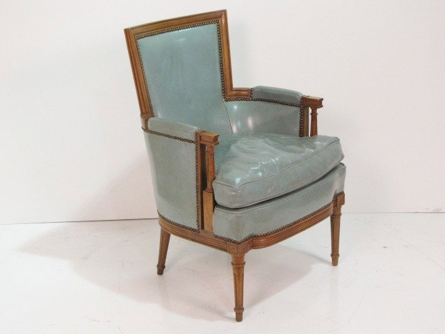 BAKER LOUIS XVI STYLE LEATHER BERGERE: Very good condition. 36 1/2"h. x 24 1/2"w. x 25"d.