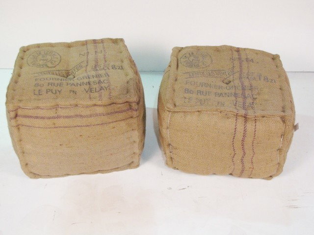 PAIR BURLAP OTTOMANS: Very good condition. 14"h. x 21"w. x 21"d.