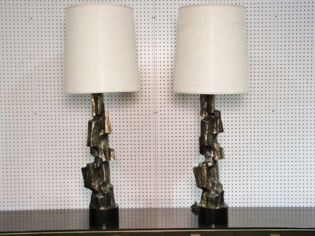 Pair LAUREL ABSTRACT SCULPTURAL TABLE LAMPS: Unmarked but attributed to Laurel. In the style of Paul Evans. Cast metal with patinated bronze finish. Very good condition. 31" to top of sculpture, 48 1/2" to top of shade.