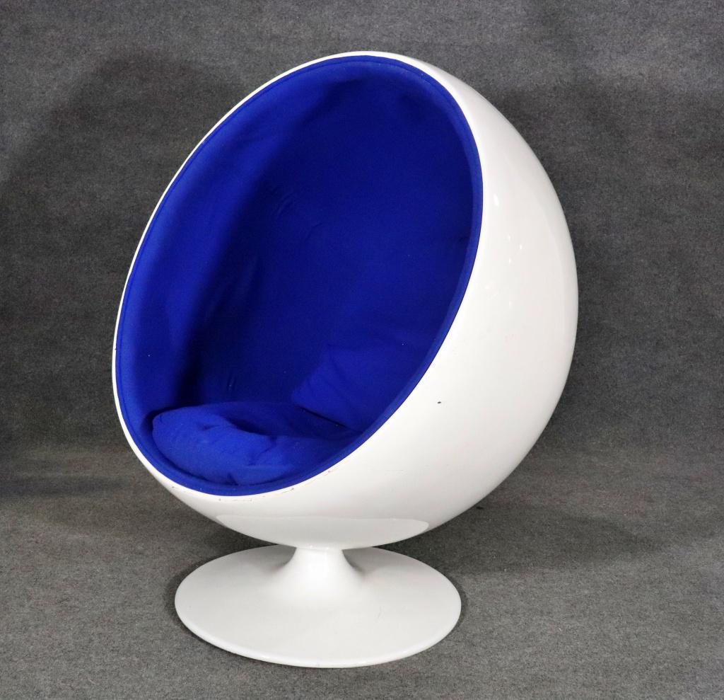 EERO AARNIO STYLE GLOBE CHAIR: Swivels. Fiberglass. Blue upholstery. 48 1/2" h x 40" w x 34" d. Seat height 17 1/2".