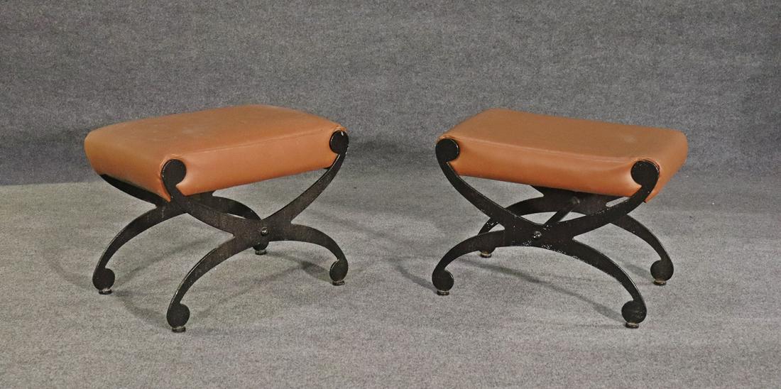 PAIR WROUGHT IRON & LEATHER X BENCHES (1 of 5)