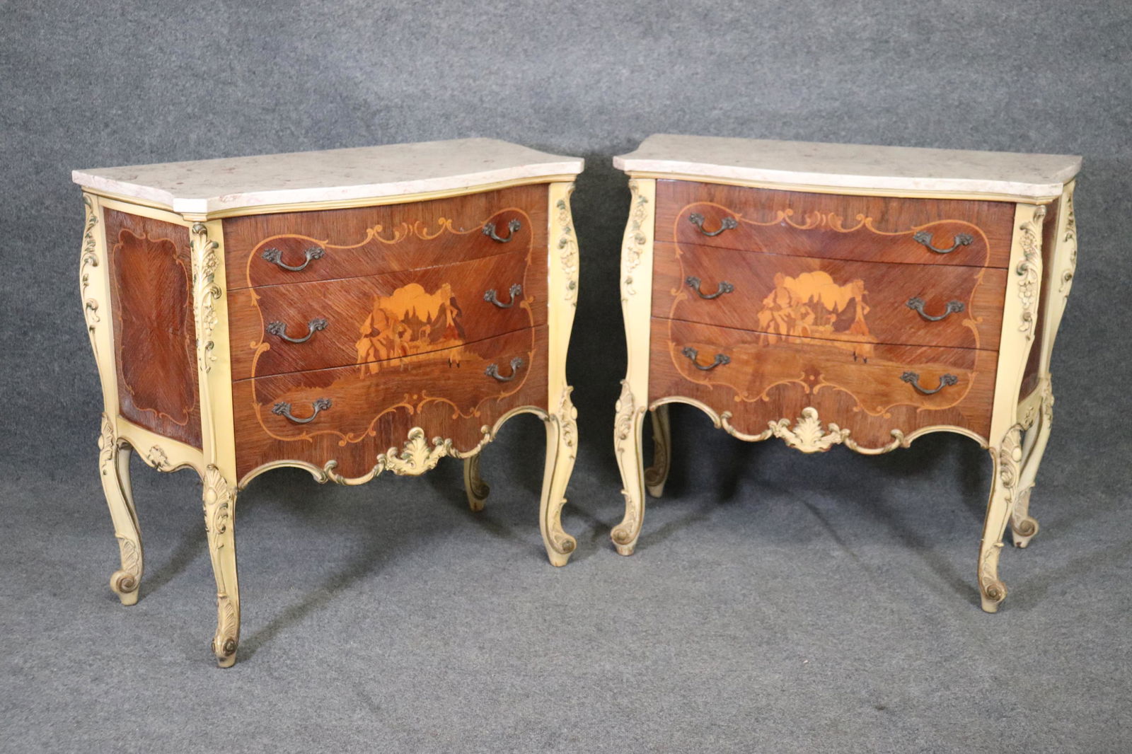 PAIR VERNIS MARTIN STYLE INLAID MARBLE TOP NIGHT STANDS (1 of 16)