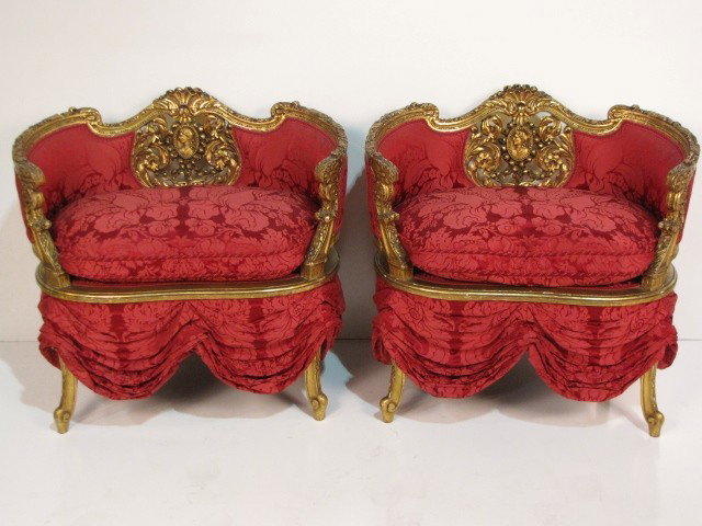 Pr. ANTIQUE FRENCH GILT CARVED BERGERES att. FOREST: Wear to gilt. Good condition. 31 1/2"h. x 33"w. x 23"d.