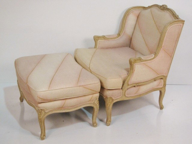 FRENCH STYLE BERGERE & OTTOMAN: Very good condition. 36 3/4"h. x 31 1/4"w. x 31"d.