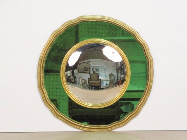 GILT FRAME ROUND GREEN MIRROR: Green mirror with silver convex mirror. Distressed gilt frame. Very good condition. 33 1/2"diam.