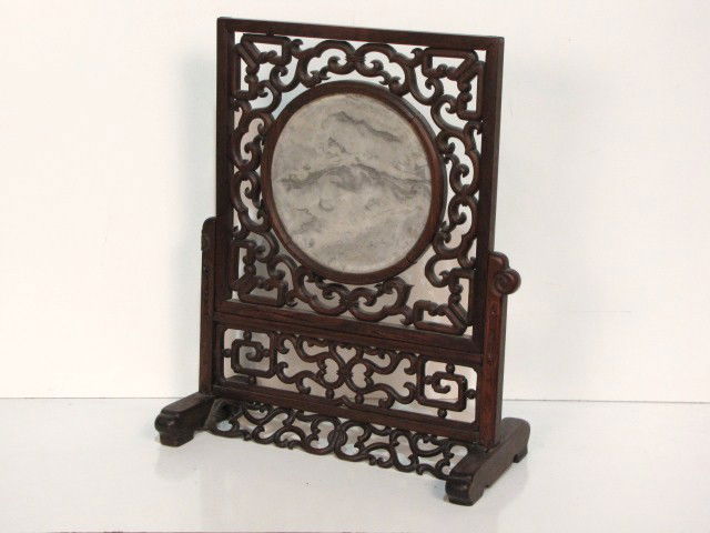 CHINESE CARVED TEAK & MARBLE TABLE SCREEN: broken piece on carving. 19"h. x 15 1/4"w. x 7 1/2"d.