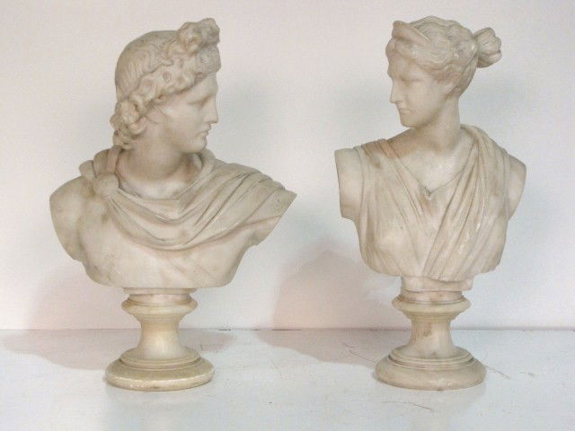 Pair 14" CARVED ALABASTER BUSTS of ROMAN FIGURES: Good condition. Various scratches and small chips. 14" and 14 1/4" high.