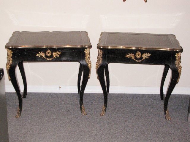 Pair MAISON JANSEN FRENCH BRONZE MOUNTED TABLES: Very fine quality. Ebonized. Wear to paint. Leather tops. 28 1/2"h. x 30"w. x 22"d.