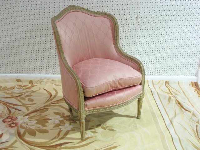 LOUIS XVI STYLE DISTRESS PAINTED BERGERE: Very fine quality. Distressed paint with wear. Very good condition. 36 1/4"h. x 25 1/2"w. x 28"d.