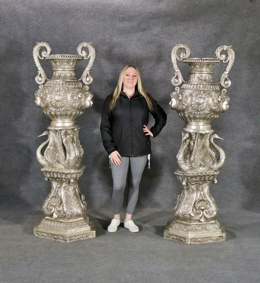 PAIR SIGNED B. RICCI SILVER PLATED BRONZE URNS (1 of 10)