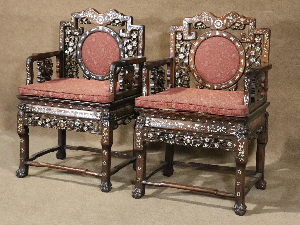 PAIR CARVED ASIAN HARDWOOD INLAID ARM CHAIRS (1 of 11)