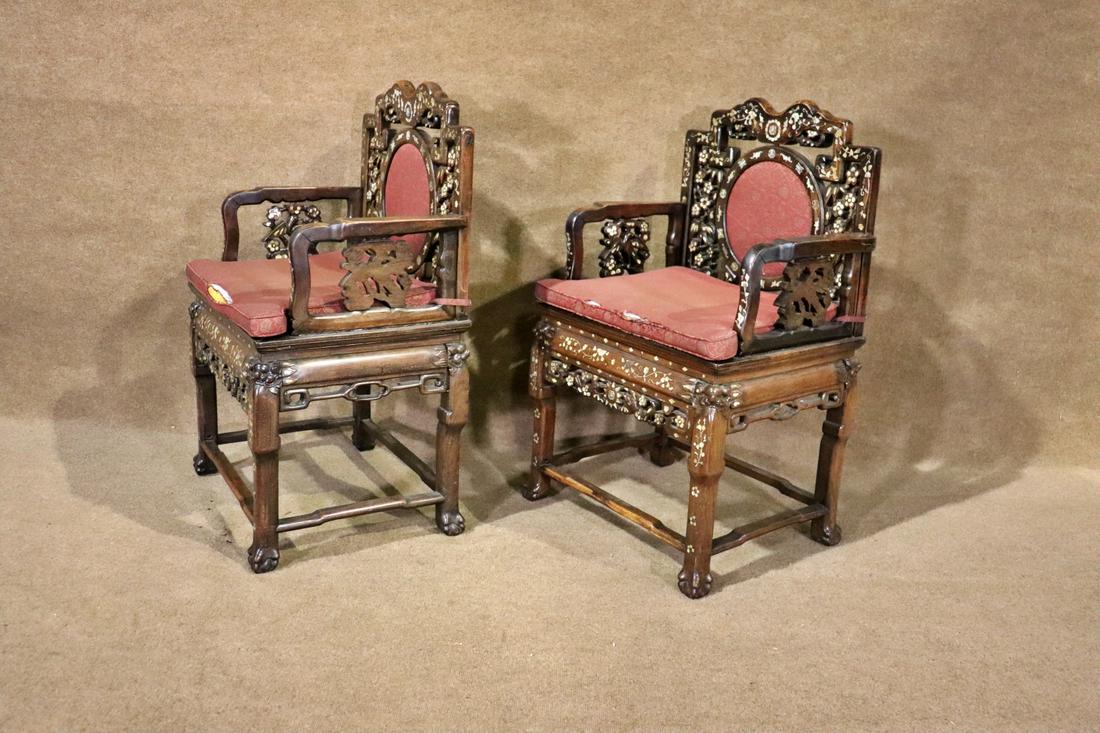 PAIR CARVED ASIAN HARDWOOD INLAID ARM CHAIRS (1 of 9)