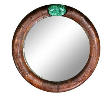 ANTHONY REDMILE STYLE SNAKESKIN WRAPPED AND MALACHITE MIRROR: From The Philadelphian. Snakeskin wrapped. With malachite. Beveled edge. 48 1/4" diameter x 2" d.