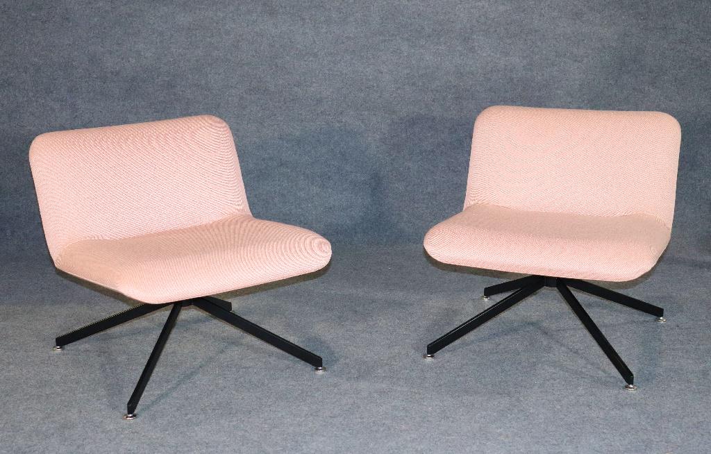 PAIR HBF SWIVEL LOUNGE CHAIRS: Metal frames. Swivels. Upholstered. 26 3/4" h x 26 1/4" w x 28 3/4" d. Seat height 17".