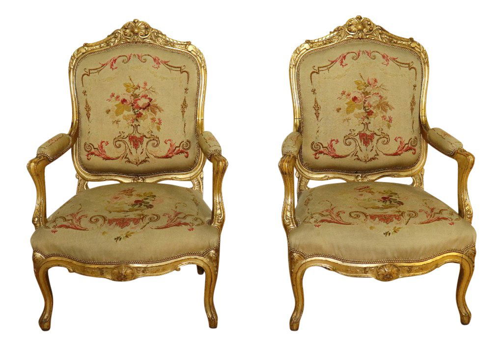 PAIR FRENCH GILDED AUBUSSON ARM CHAIRS (1 of 9)