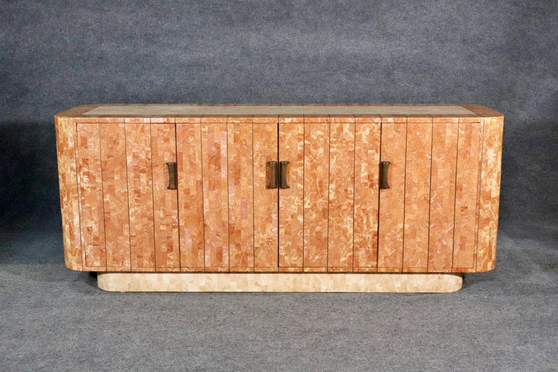 MCM TESSELATED SIDEBOARD ATTRIBUTED ENRIQUE GARCEL: Brass inlaid. Four doors. Middle contains 2 drawers and one shelf. One shelf in each side. 29 3/8" h x 72 1/8" w x 21" d.