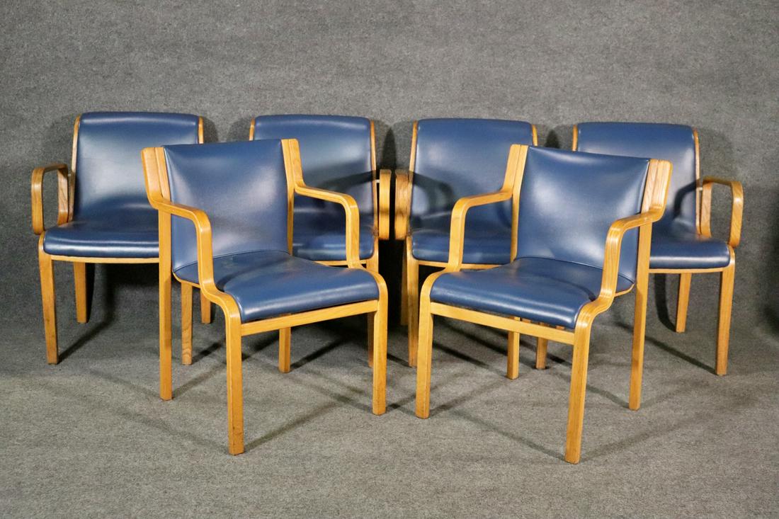 4 BILL STEPHENS FOR KNOLL ARM CHAIRS & 2 STENDIG STACKING ARM CHAIRS: Wood frames.. Upholstered. 4 chairs measure 31 1/2" h x 22 3/4" w x 23" d. Seat height 17 3/4". 2 chairs measure 20 3/8" h x 21" w x 22" d. Seat height 17 1/2".