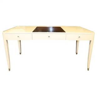 RALPH LAUREN ONE FIFTH PARIS WRITING DESK: With black leather. Off white. Faux parchment top changed to black. Nickel hardware. 30 1/2" h x 62 3/4" w x 32" d.