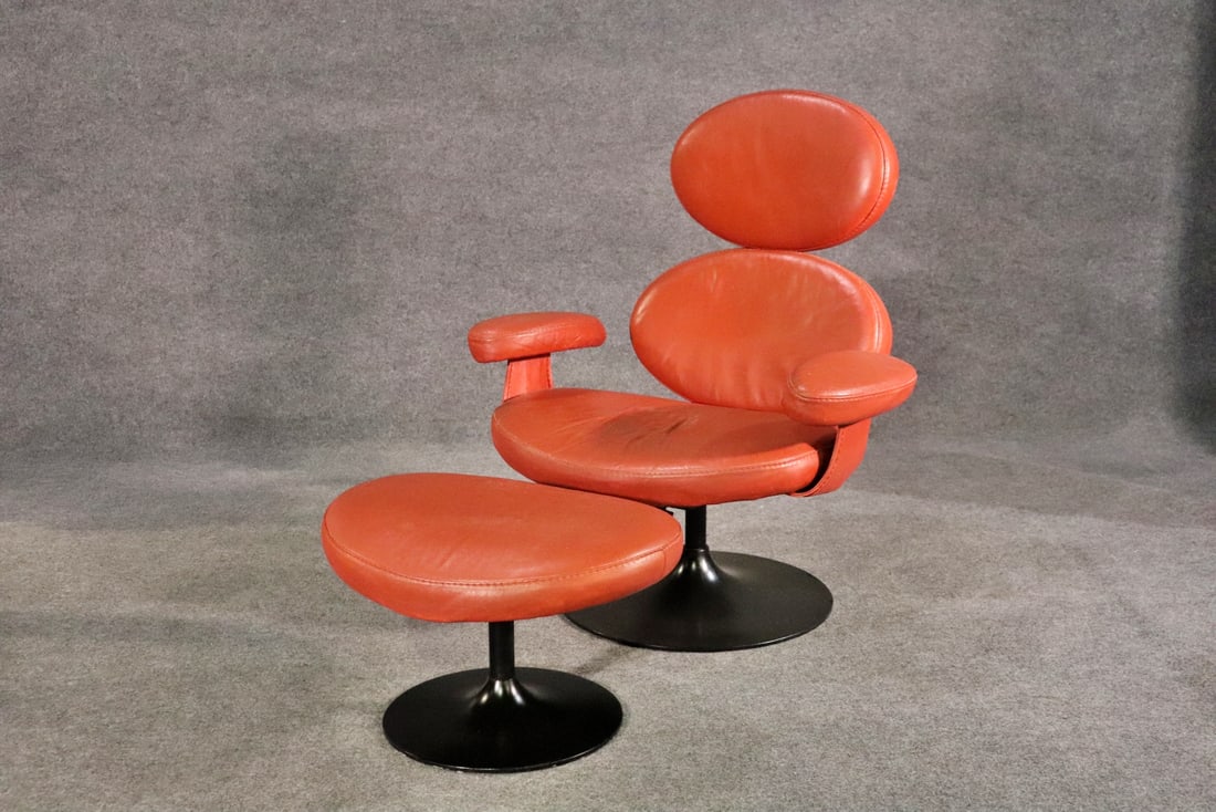 VERNER PANTON STYLE POST MODERN RED LEATHER LOUNGE CHAIR & OTTOMAN (1 of 9)