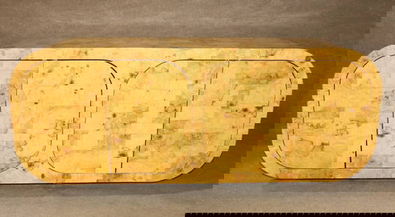 PAUL EVANS CURVED BURL WOOD CREDENZA: Burl wood. 4 doors containing one shelf each. 32" h x 84 1/2" w x 22" d.