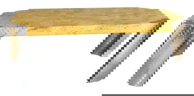 PAUL EVANS DINING TABLE: Signed on leg. Chrome base. Burled top. 29 3/8" h x 84 1/4" w (without leaves) x 48" d. 2 - 15" leaves.
