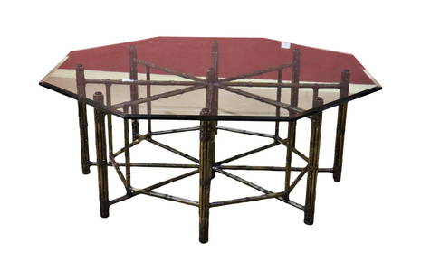 MCGUIRE OCTOGONAL BAMBOO & GLASS TOP DINING TABLE: Bamboo and metal frame wrapped in leather. Beveled glass top. 28 7/8" h x 74" w x 74" d.