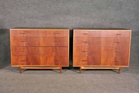 PAIR MID CENTURY MODERN DANISH TEAK COMMODES: 4 drawers. 33 1/4" h x 42" w x 18" d.