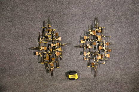 PAIR CURTIS JERE STYLE MIXED METAL HANGING SCULPTURES: Mixed metals. 24" h x 16 1/4" w x 3" d.