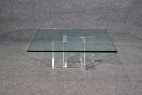 GARY GRUTTERMAN ATTRIBUTED LUCITE & GLASS COFFEE TABLE: Lucite base. Glass top. 16 1/2" h x 42 1/8" square.