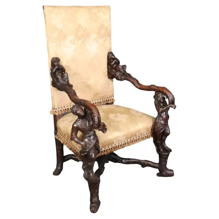 ANDRE BRUSTELON STYLE FIGURAL CARVED WALNUT ARM CHAIR (1 of 16)