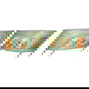 PAIR ADAMS STYLE PAINT DECORATED DEMILUNE COMMODES: Paint decorated scenes of maidens and floral decorations. 4 doors containing 1 shelf each. 34 1/2" h x 61" w x 22" d.