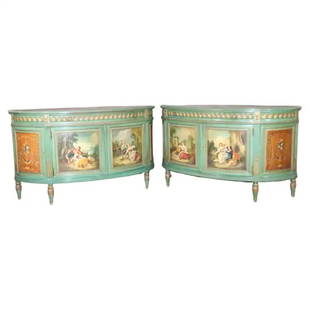 PAIR ADAMS STYLE PAINT DECORATED DEMILUNE COMMODES: Paint decorated scenes of maidens and floral decorations. 4 doors containing 1 shelf each. 34 1/2" h x 61" w x 22" d.